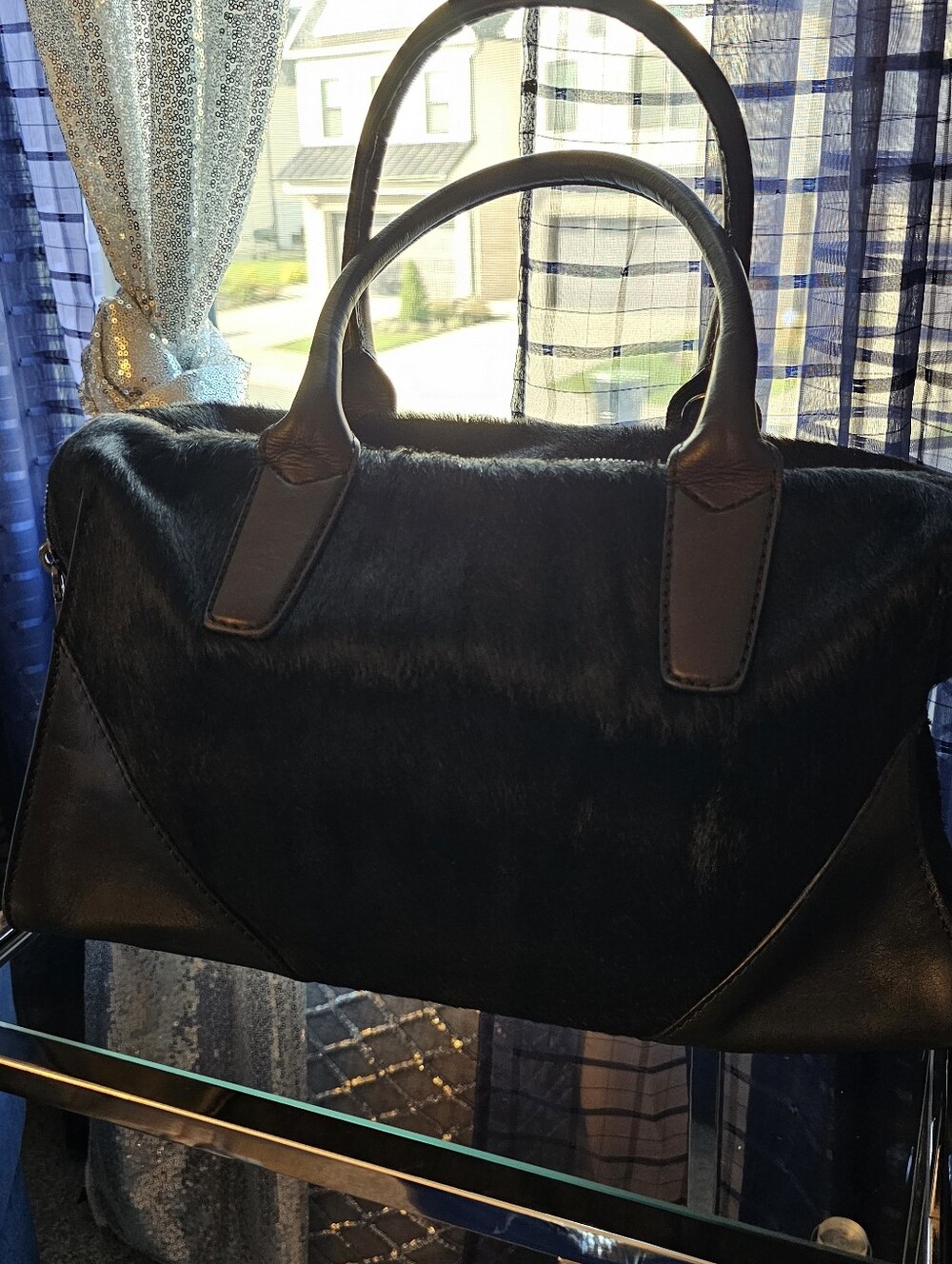 ABRO-Black Real Calf Hair Fur and Leather Satchel - Women Bags